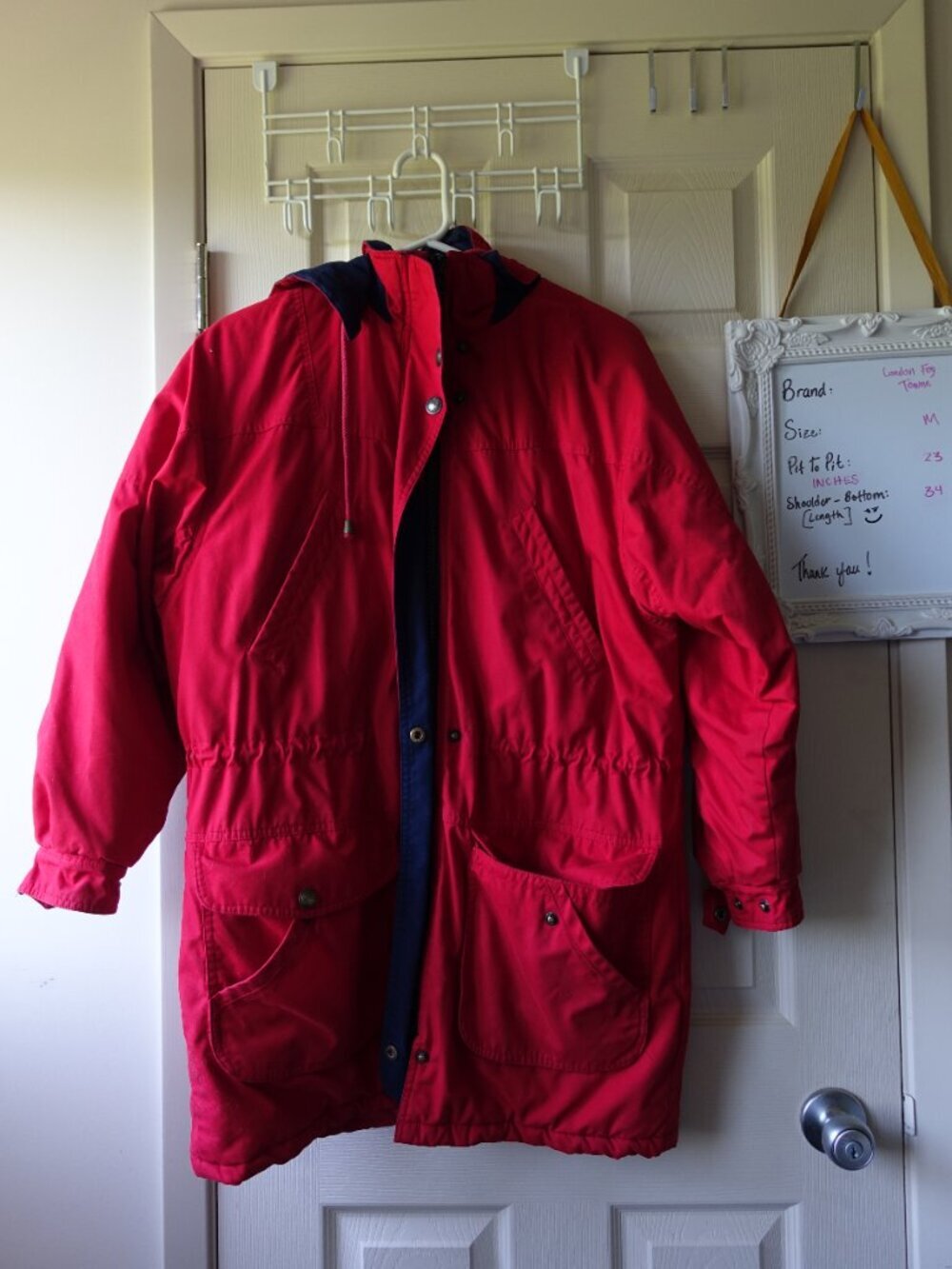 London Fog Vibrant Red Hooded Parka with Navy Lining